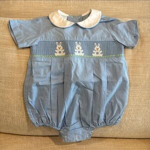 Classic Blue Smocked Bunny One-Piece Romper